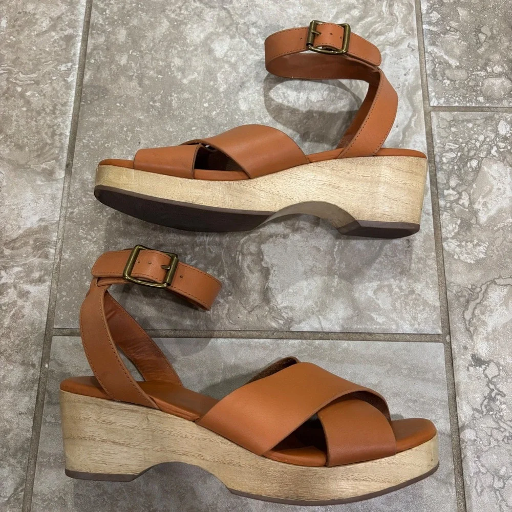 Everlane Leather Crossover Platform Sandal Brown Wood Wedge Ankle Strap sz 7.5 - Picture 6 of 11